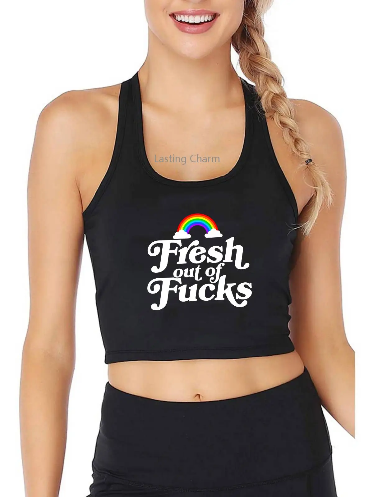 

Swear Word Inappropriate Funny Adult Gift Fresh Out Of Fucks Tank Top Women's Yoga Sports Training Crop Tops Gym Vest