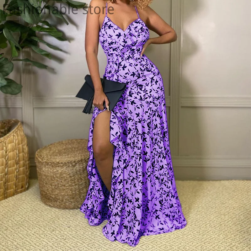 

Женское сексуальное летнее платье макси на бретелях-спагетти с разрезом и открытой спиной