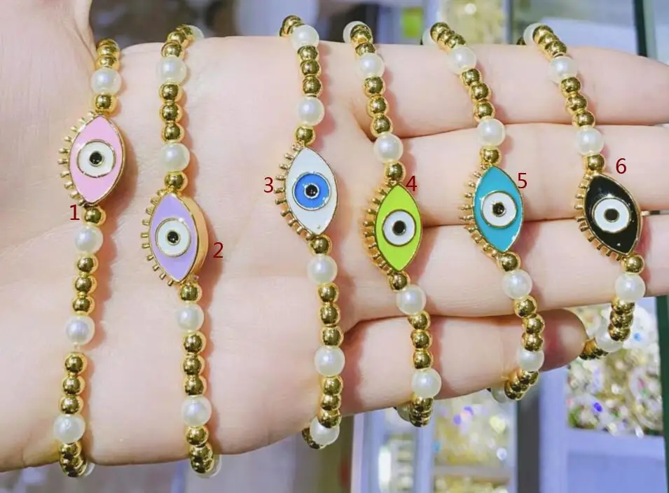 

Colorful Evil Eye Bracelets For Women Gold Plated Copper Pearl Beaded Bracalet Fashion Jewelry Gift