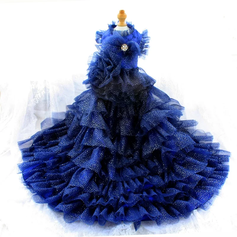 High-end Handmade Luxury Dog Clothes Pet Dress All Stars Blue Tulle Trailing Gown Multi Layers Skirt Noble Princess One Piece