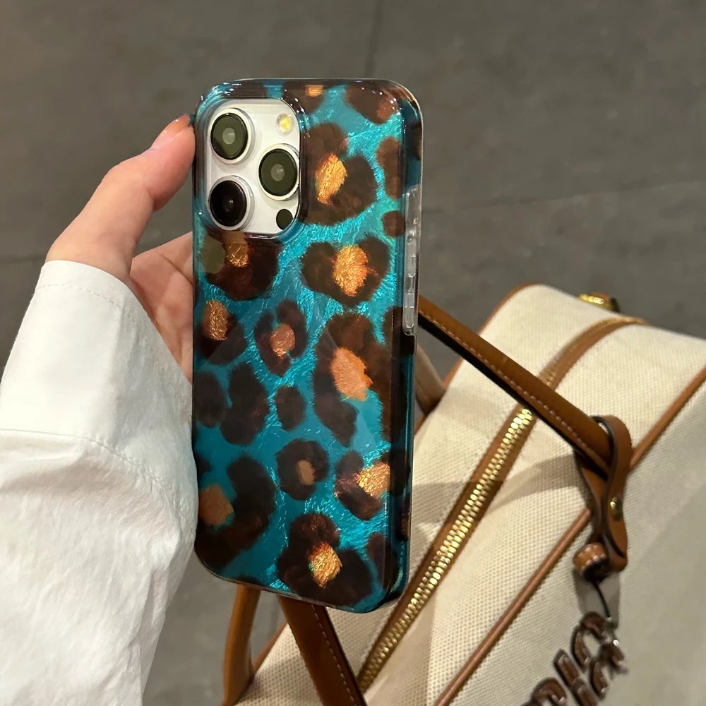 Синий лазерный чехол для телефона с леопардовым принтом iphone 16 Pro Max 14 15 13 12 Bumper Все