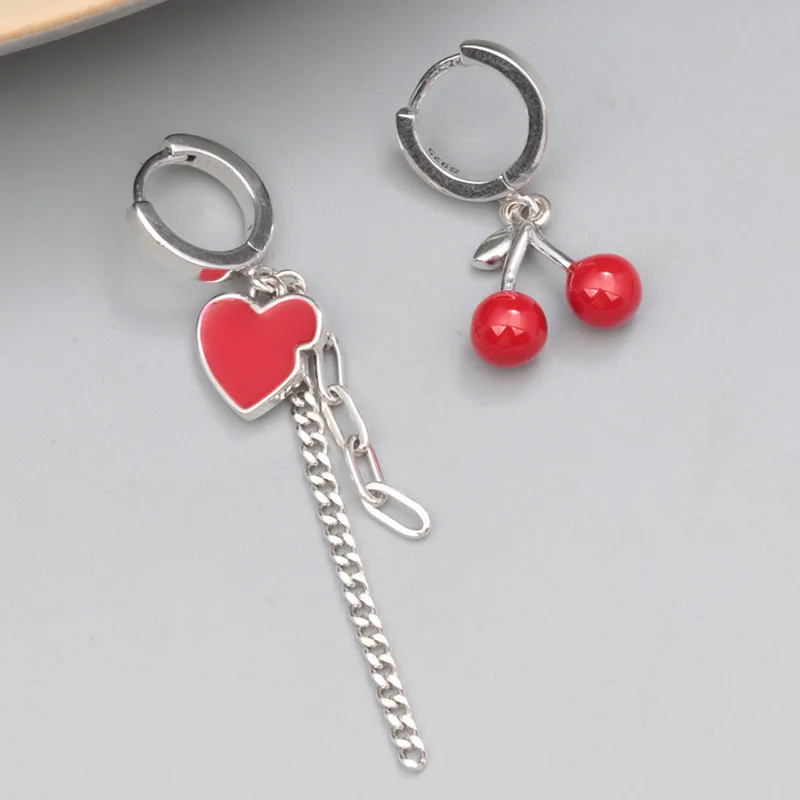 

925 Sterling Silver Enamel Red Cherry Heart Asymmetric Earrings Jewelry Women Fashion Simple Chain Ear Buckle Hanging Earrings