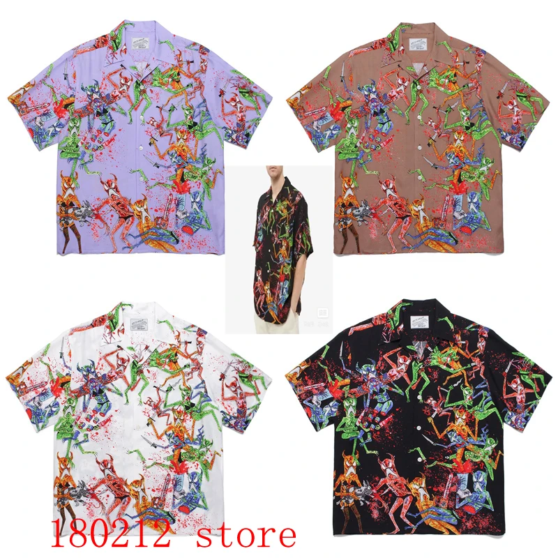 

Colorful Horned Ghost Graffiti WACKO MARIA Short Shirt Summer Men Women High Quality Hip Hop Hawaii Beach Shirt Oversize