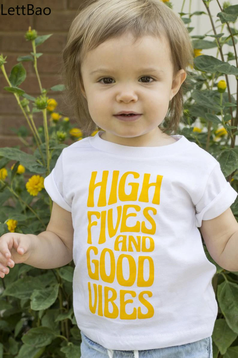 

High Fives and Good Vibes Children Short Sleeve Tees Kids Boys Girls Funny T Shirt Toddler Casual White O-neck T-shirts Tops