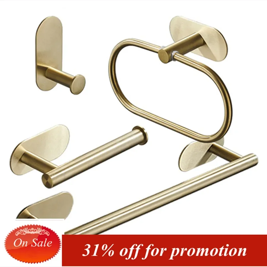 

NEW 2021 Newest Stainless Steel Hardware Set Self-adhesive Golden Towel Bar Paper Holder Robe Hook Towel Ring Bathroom Accessori