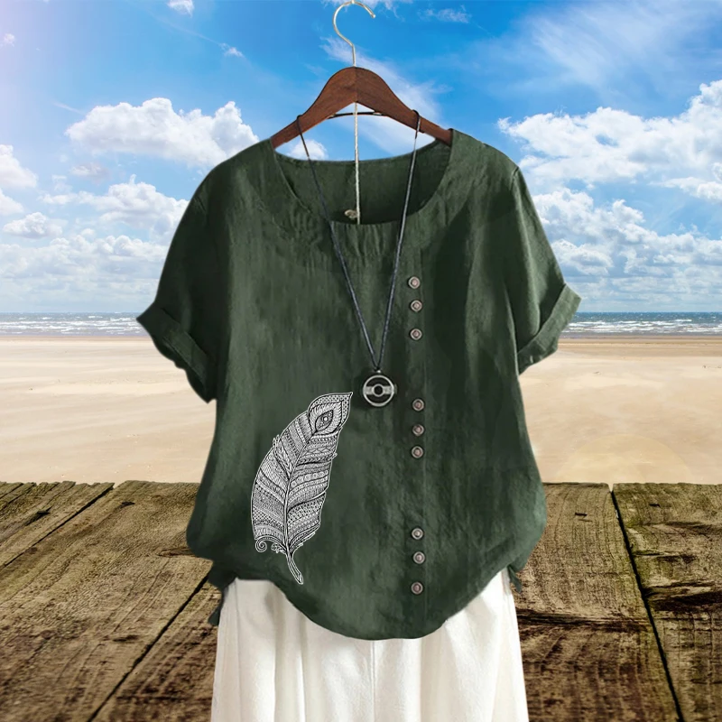 

Женская льняная блузка с принтом перьев, разноцветная элегантная свободная футболка с круглым вырезом и коротким рукавом, лето 2022