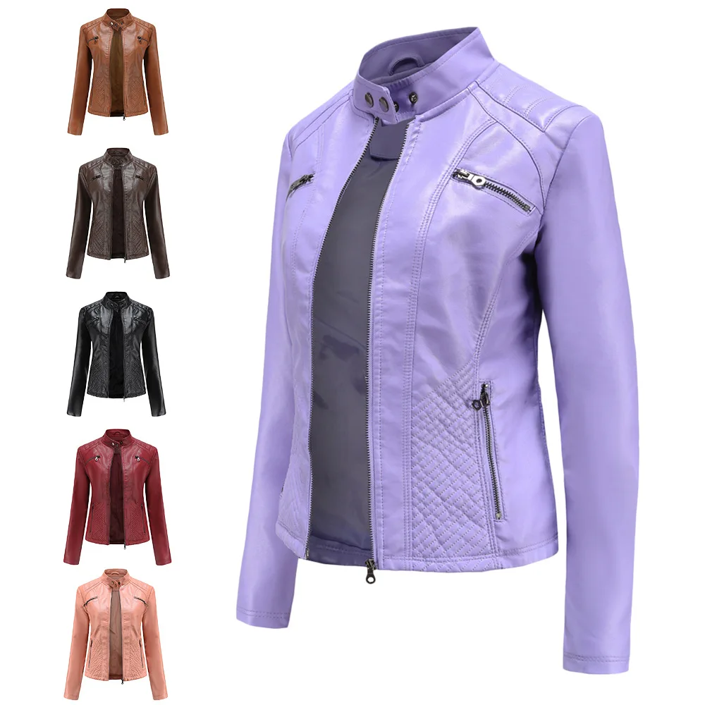 

2023 new women's casual leather jacket Europe and America slim coat female spring and autumn solid color female leather jacket
