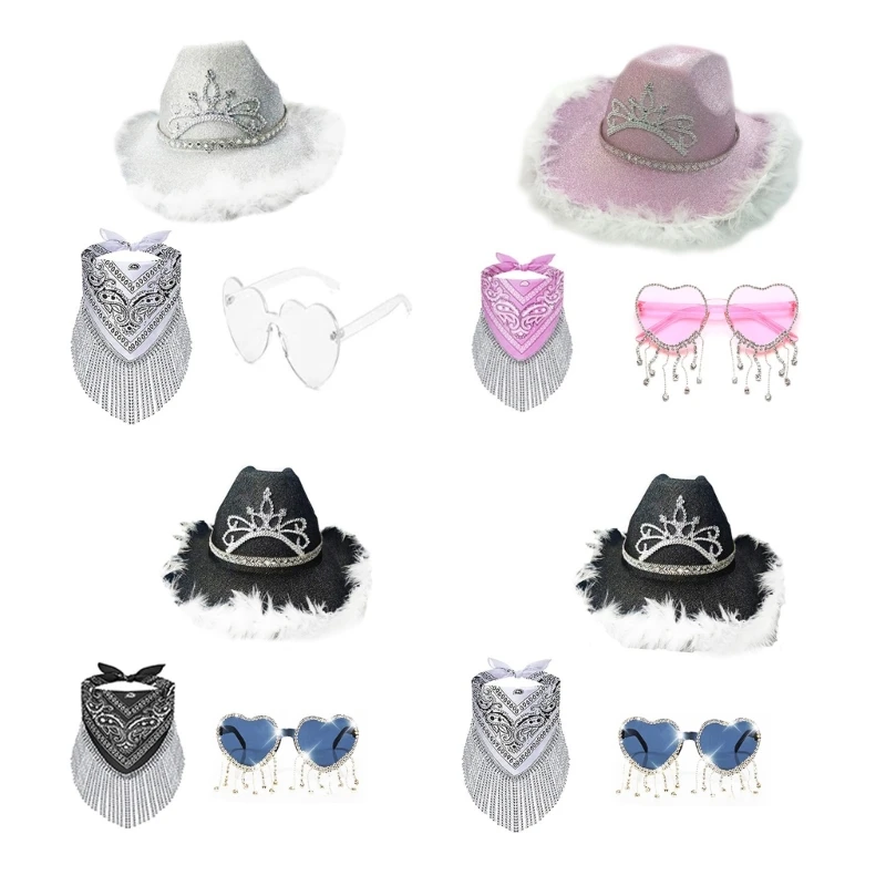 

Ковбойская шляпа, очки Bandanaa, ковбойская шляпа, Женская Девичья шляпа, искусственная шляпа для невесты, головной убор в форме сердца, очки с п...