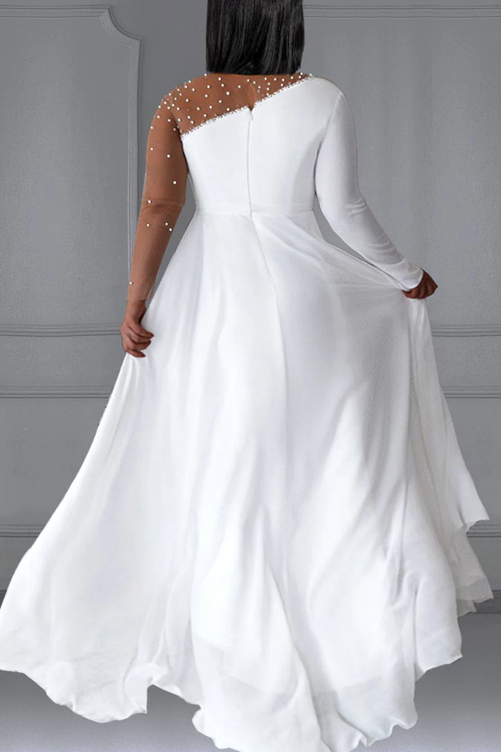Женское свадебное платье больших размеров белое макси с круглым вырезом и
