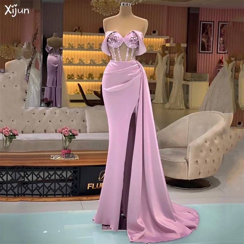 

Xijun Выпускные платья русалки с бисером с открытыми плечами прозрачный корсет вечерние платья для женщин арабское Саудовская Аравия с Боковым Разрезом Вечернее платье