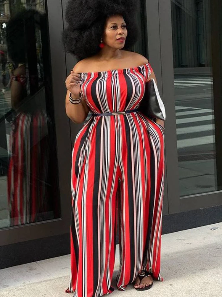 

ZJFZML ZZ Women Clothing Plus Size Long Jumpsuit Vertical Stripe Print Slash Neck Loose Wide Leg Romper Dropshipping Wholesale