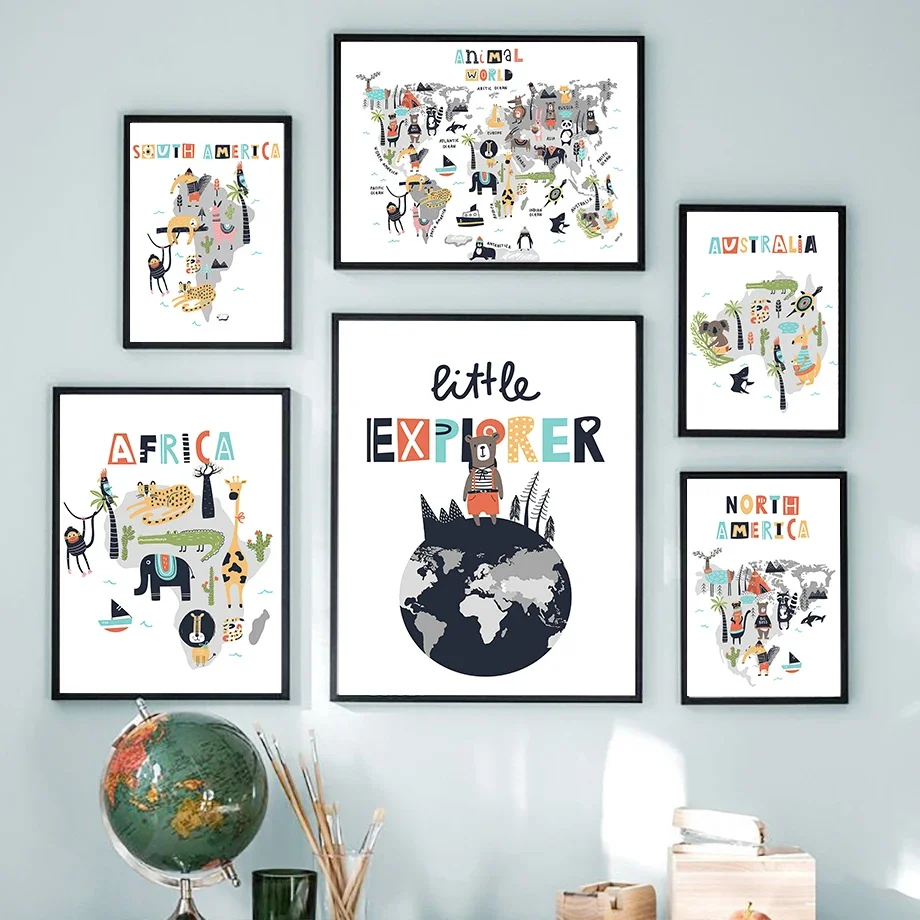 Животные карта мира Explorer детская комната настенная Картина на холсте