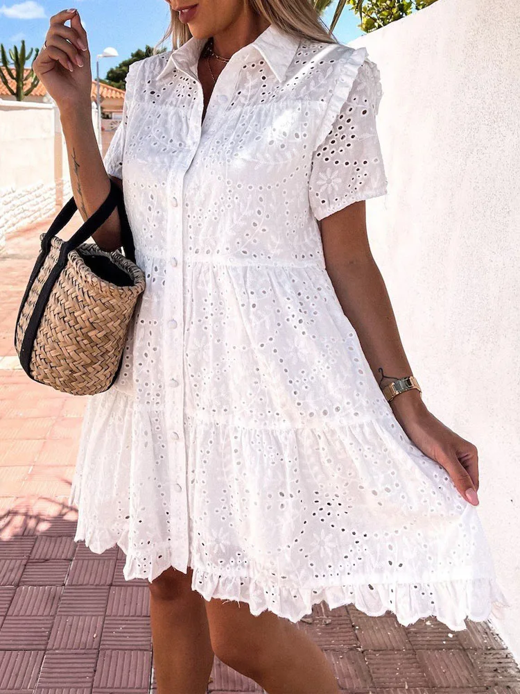 

Casual Buttoned Shirt Dresses Solid Women Lapel Embroidery Flower Dress Casual Turn Down Collar Hollow Out Summer Shirt Dresses