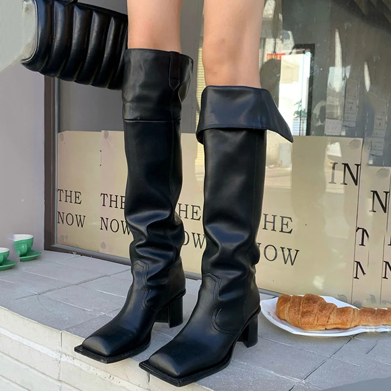 

Autumn Winter Women Fold Thigh High Boots Fashion Square Toe High Heels Knight Boots Woman Slip On PU Leather Black Long Botas