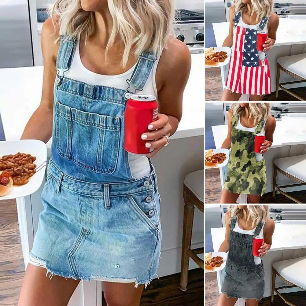 

Denim Dress Camouflage Print Adjustable Straps Summer Hip Wrap Above Knee Dress Streetwear