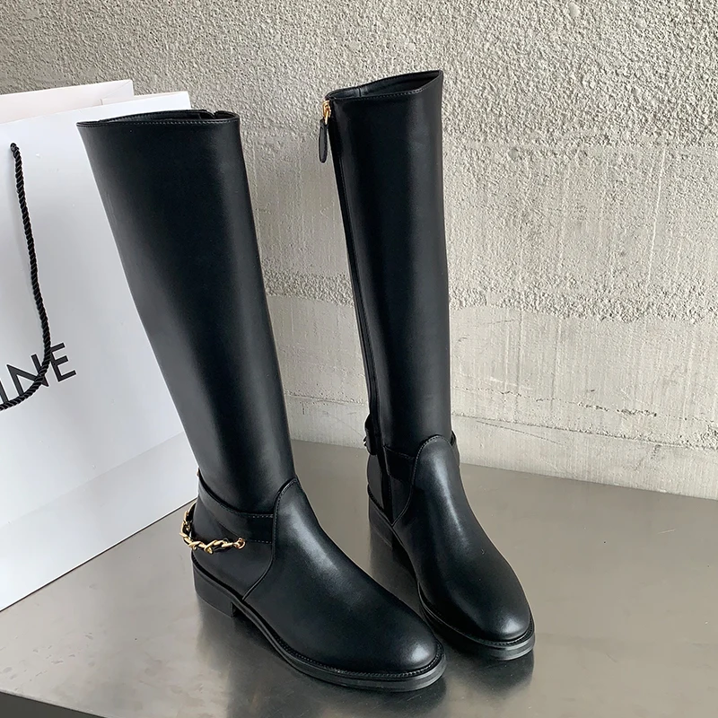 

Fashion Knee High Chelsea Boots For Women 2022 Autumn Round Toe Ladies Modern Female Shoes Fashion Western Metal Chain Boots