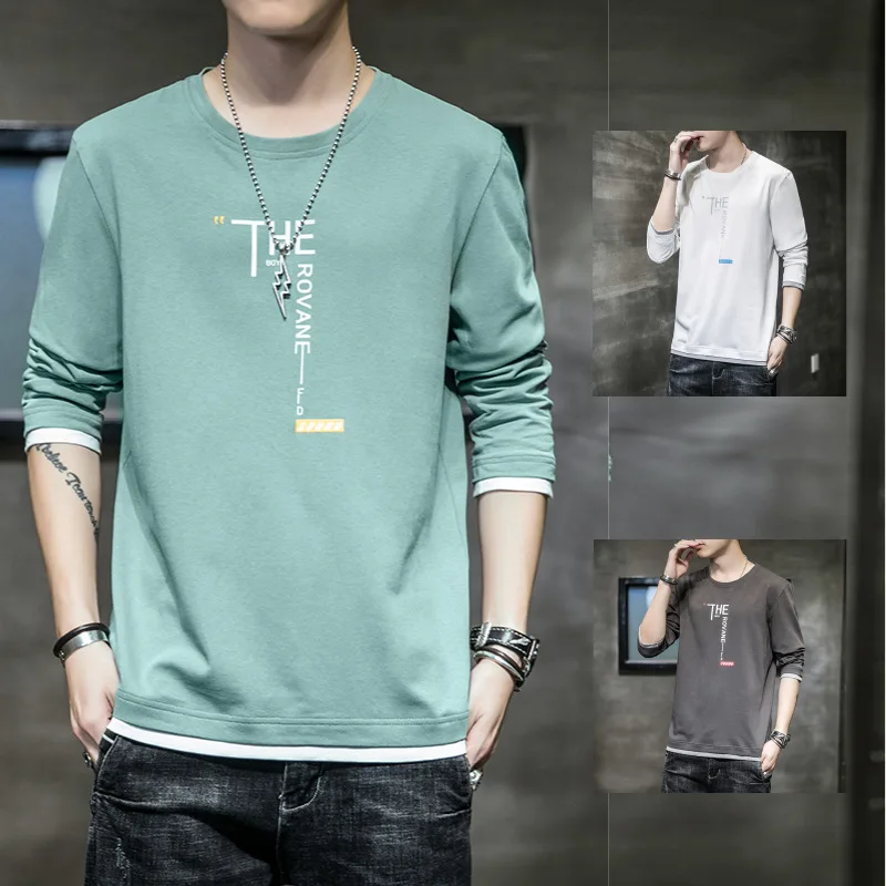 

Spring 2022 New Men Long-sleeved T-shirts Loose Fashion Casual Simple Cotton Four Seasons Top Harajuku Wild Fake Two Pieces