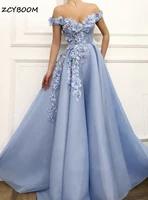 2022 elegant women blue off the shoulder 3d flowers applique with crystals a line prom dress tulle floral sexy evening dress
