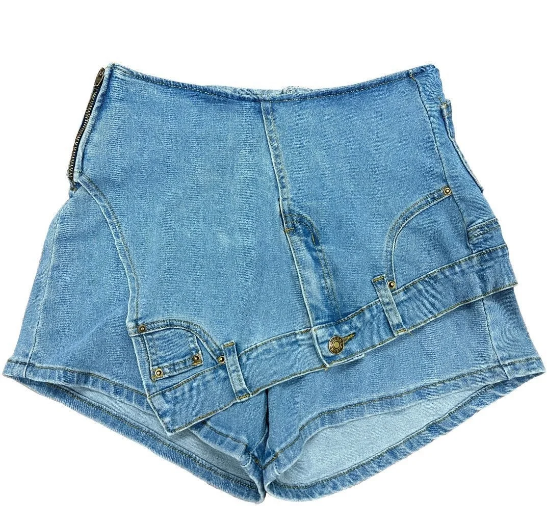 Women Fashion Stretch Denim Pocket Front Asymmetrical Mini Skirt Shorts 2023 Streetwear INS Vintage Short Jeans