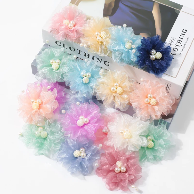 

5PCS Chiffon Fabric Artificial Hair Flowers With Pearl For Wedding Dress Yarn Flower Head For Crafting Decoration Accessories