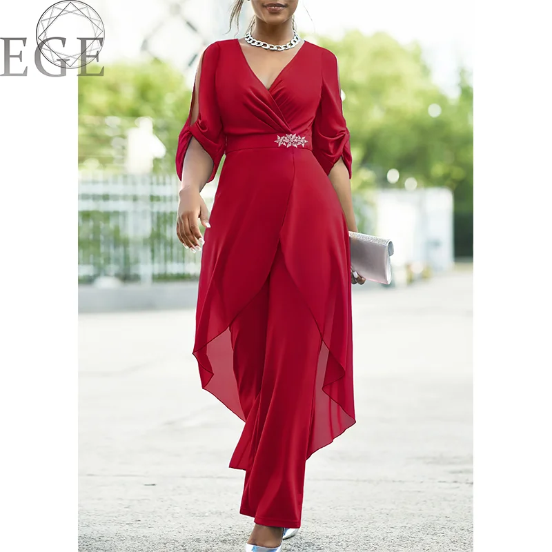 2023 Plus Size 6XL7XL 2-Piece Set Chiffon V-Neck Top and Loose Pants Elegant Commuting Plus Size Women 2-Piece Set