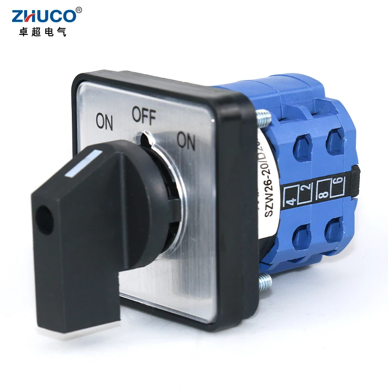

ZHUCO SZW26/LW26-20 20A ON OFF ON 2 Phase 8 Screws 64X64 48X48 Mm Panel Silver Contact Transfer Rotary Changeover Cam Switch