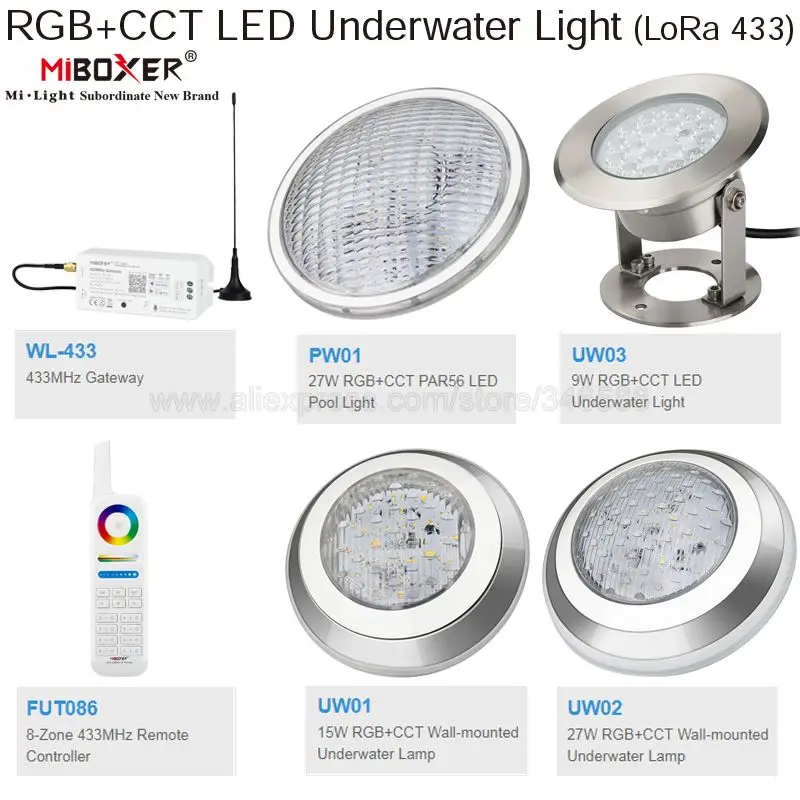 MiBoxer AC12V / DC12-24V IP68 подводная 9 Вт 15 Вт 27 Вт RGB + CCT настенная подводная лампа 27 Вт PAR56 Светодиодная лампа для бассейна 433 МГц шлюз