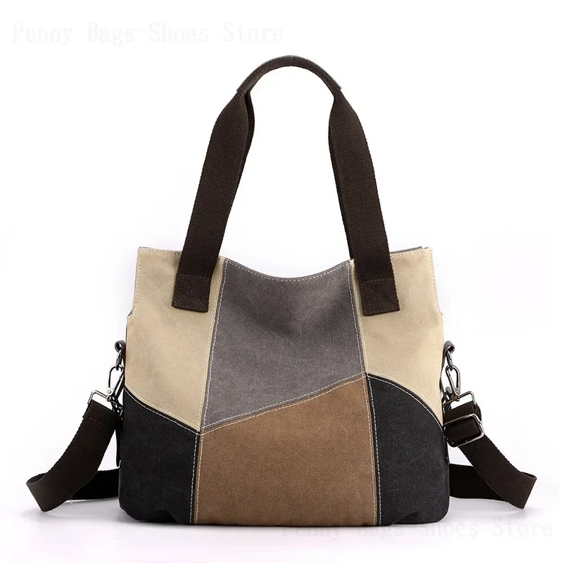 

2023 New Simple Fashion Contrast Color Canvas Bag Women's Large Capacity Retro Contrast Color Splicing Cloth Bag Shoulder Handba