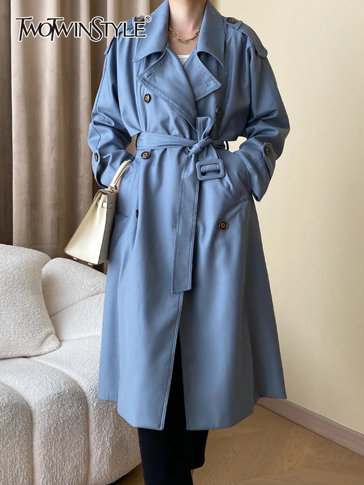 

Женский двубортный Тренч TWOTWINSTYLE, голубой однотонный Тренч с поясом, отложным воротником и длинными рукавами на лето 2019