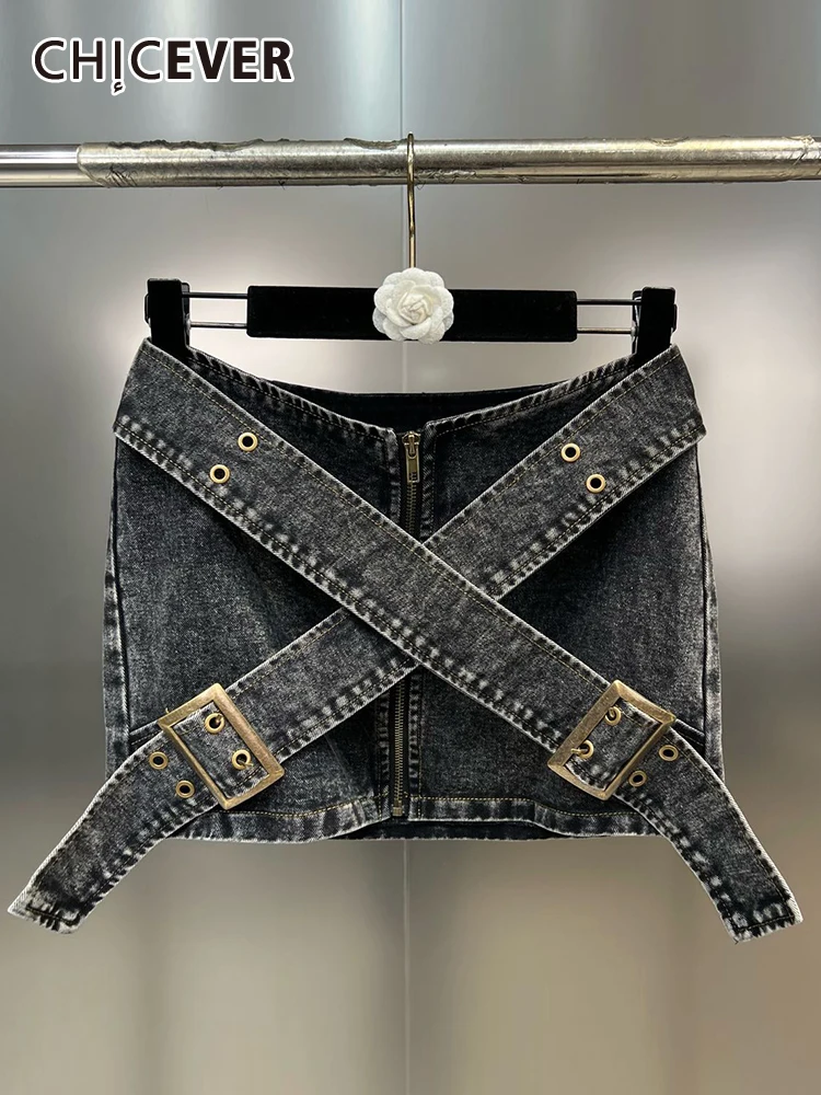 

CHICEVER Y2K Style Denim Skirts For Women High Waist Patchwork Metal Zipper Crisscross Folds Slim Bodycon Mini Skirt Female New