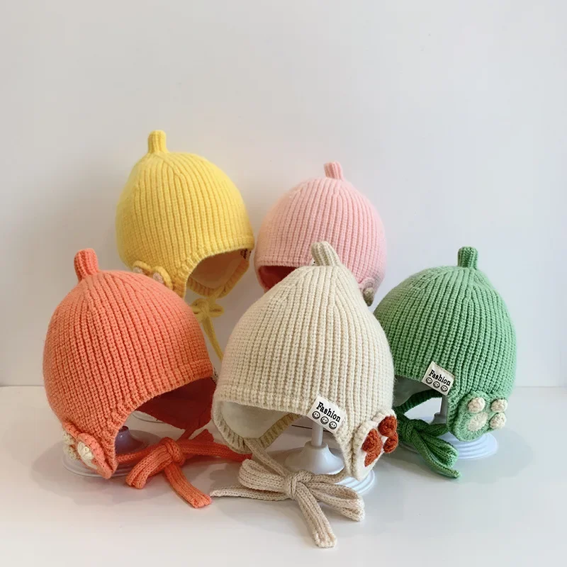 

Winter Warm Baby Knitted Hat Boy Girl Nipple Cap Ear Protection Children's Woolen Beanie for 3-18 Month Kids Solid Color