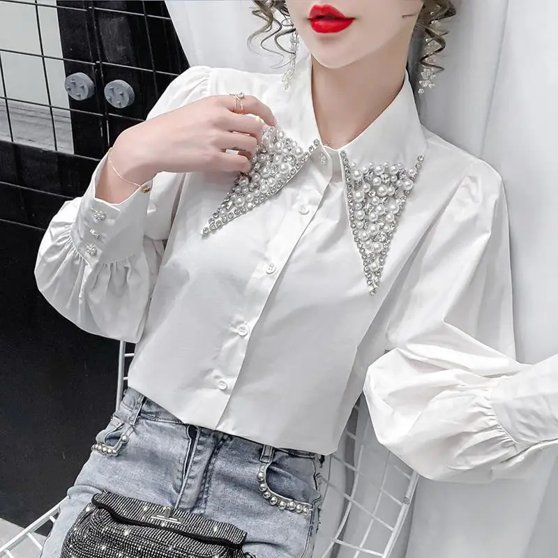 

High Quality Pearls Diamonds Collar White Shirt Women Tops Mujer 2022 Spring Autumn New Arrival OL Elegant Blouse Tops Camisas