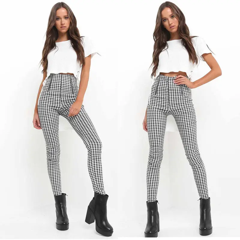 

Ladies Trousers Plaid Print High Waist Pants Stretch Skinny Pants Ladies Sportswear Casual Street Jogging 2021 New
