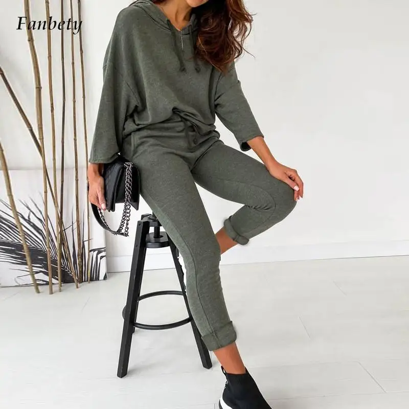 

Casual Long Sleeve Solid Sportswear Outfits Women Elegant Hooded Sweatshirt Tops and Slim Pants Suits Fashion Sweatshirt 2Pc Set