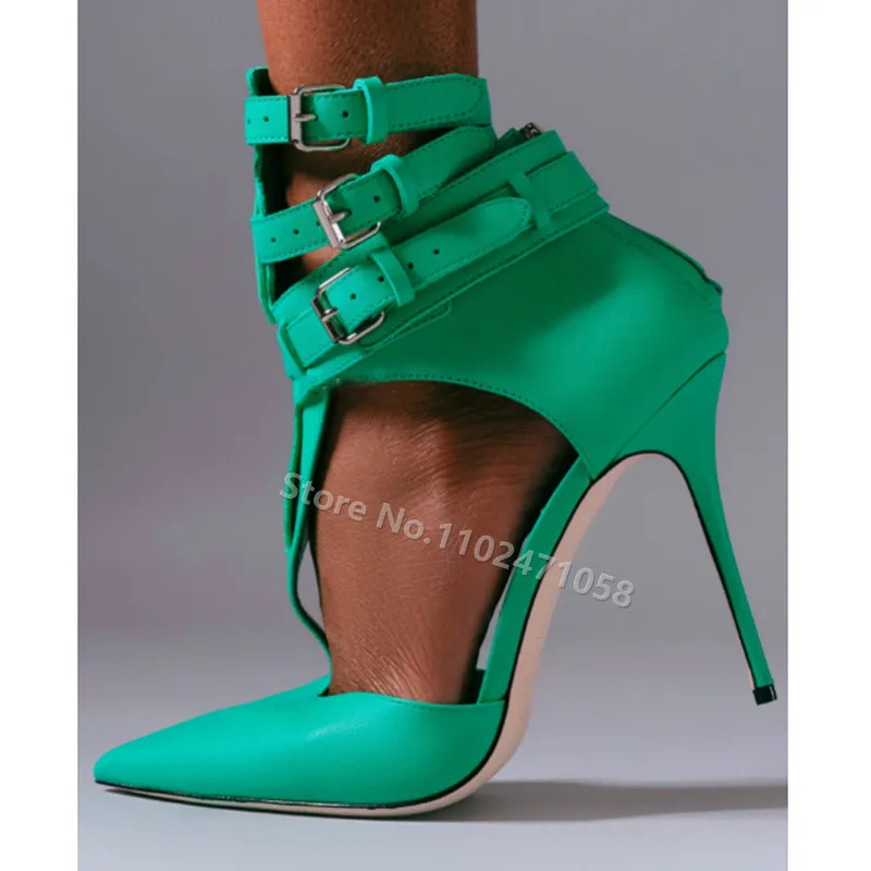 

Green Narrow Band Pointed Toe Ankle Buckle Strap Sandals Roman Style Thin Heels Women Party Shoes Summer Ladies Hight Heels