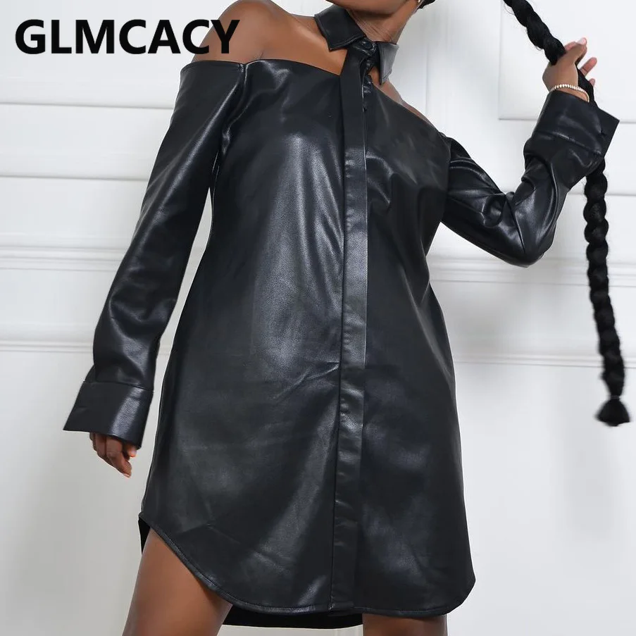 

Women Long Sleeve Off Shoulder PU Leather Shirt Dress