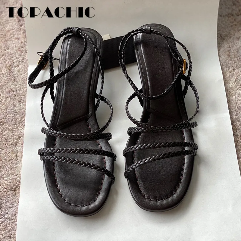 

7.4 High Quality Genuine Leather Weave Lace-up Cross Buckle Strap Fashion Versatile High Heel Sandal Women