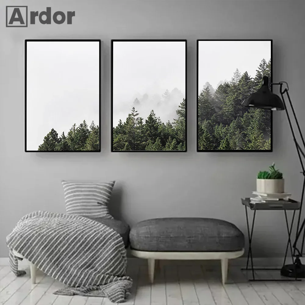 Природа Туманная Гора Туманный Лес Зеленый Настенное Искусство Холст Картина