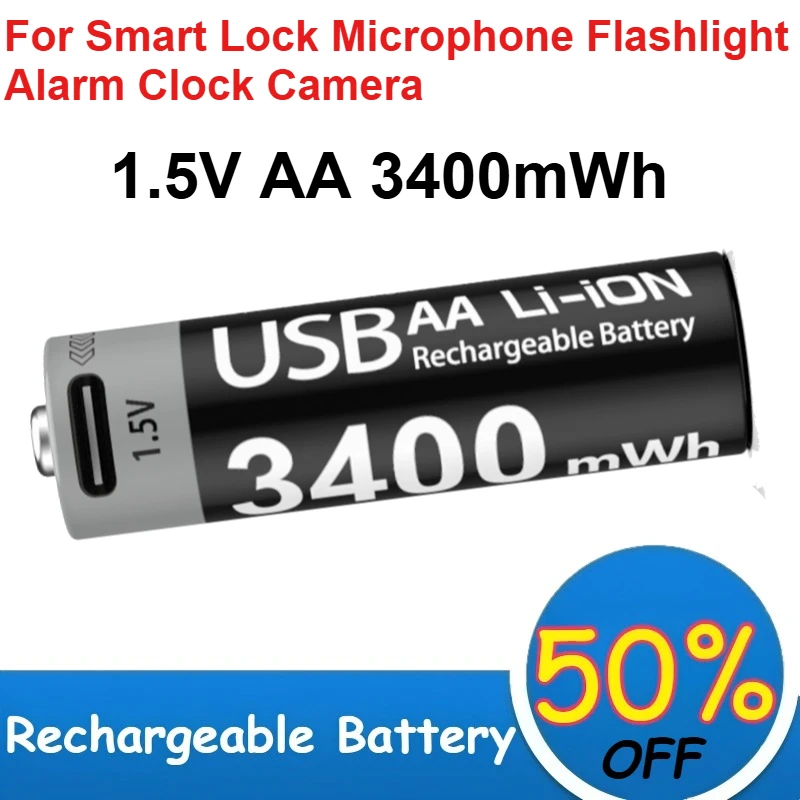 Фото Литий-ионный перезаряжаемый аккумулятор USB 1.5V AA 3400mWh для смарт-замков, микрофонов, фонариков, будильников, камер №1