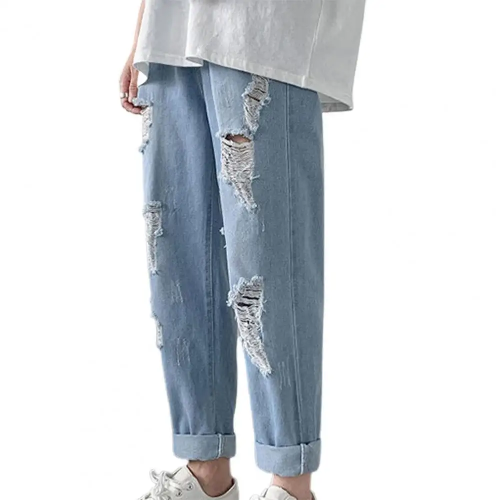 

Джинсы мужские рваные, уличная одежда, однотонные брюки со средней талией, повседневные студенческие штаны из потертого денима в Корейском ...