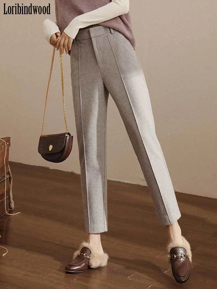 

Herringbone Harlan Pants for Women Autumn Winter 2022 New High Waisted Wool Suit Pants Loose and Fleece Casual Smoke Pipe Pants