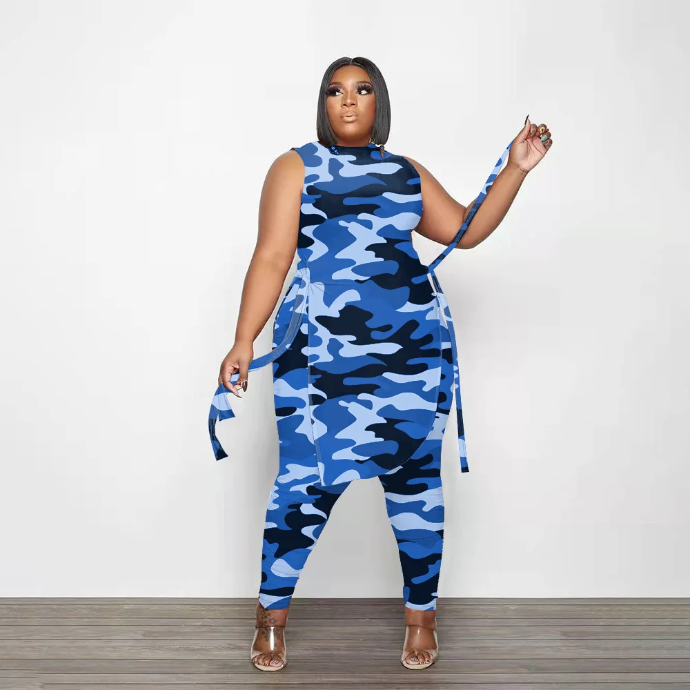 Plus Size Women Long Shirt And Pants Fashion Two Piece Sets Sleeveless Crop Top Camo Print Tracksuit Sexy Female Wholesale