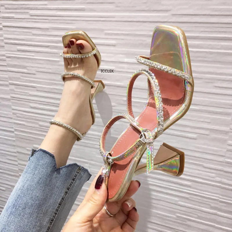 

New Design Square Toe Sandals Fashion Crystal Diamond PU Leather Ankle Buckle Strap Strange Heels Shoes Woman Summer