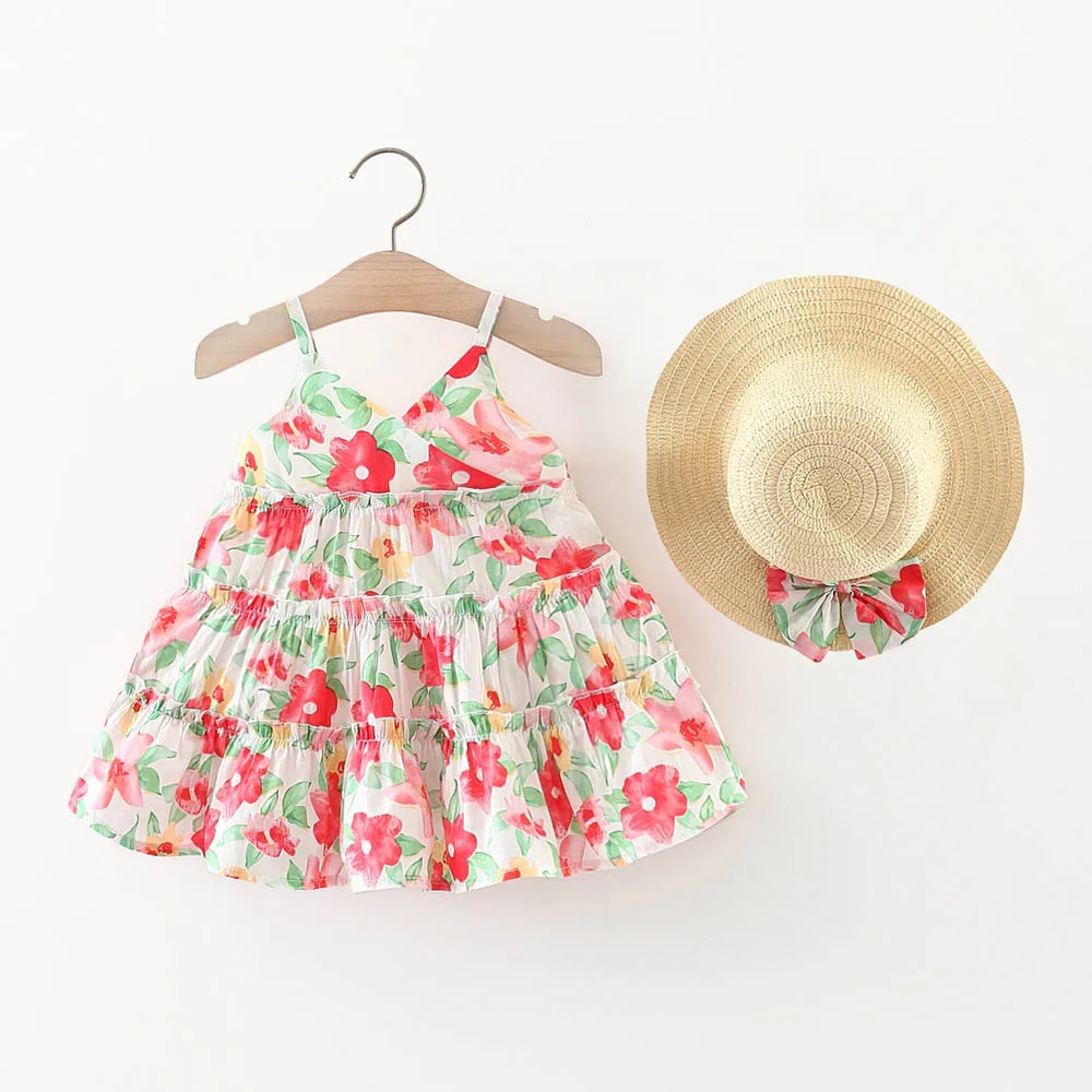 

Infant Girls Dress Flowers Tutu Cute Princess Holiday Beach Dress + Sunhat 2022 Summer Newborn Sweet Baby Sleeveless Vestidos