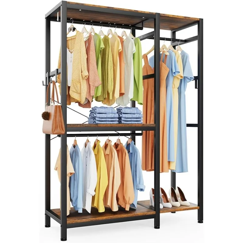 

Free Standing closet organizer Heavy Duty clothes closet garment iron and wood Wardrobe with rod clothing racks for hanging