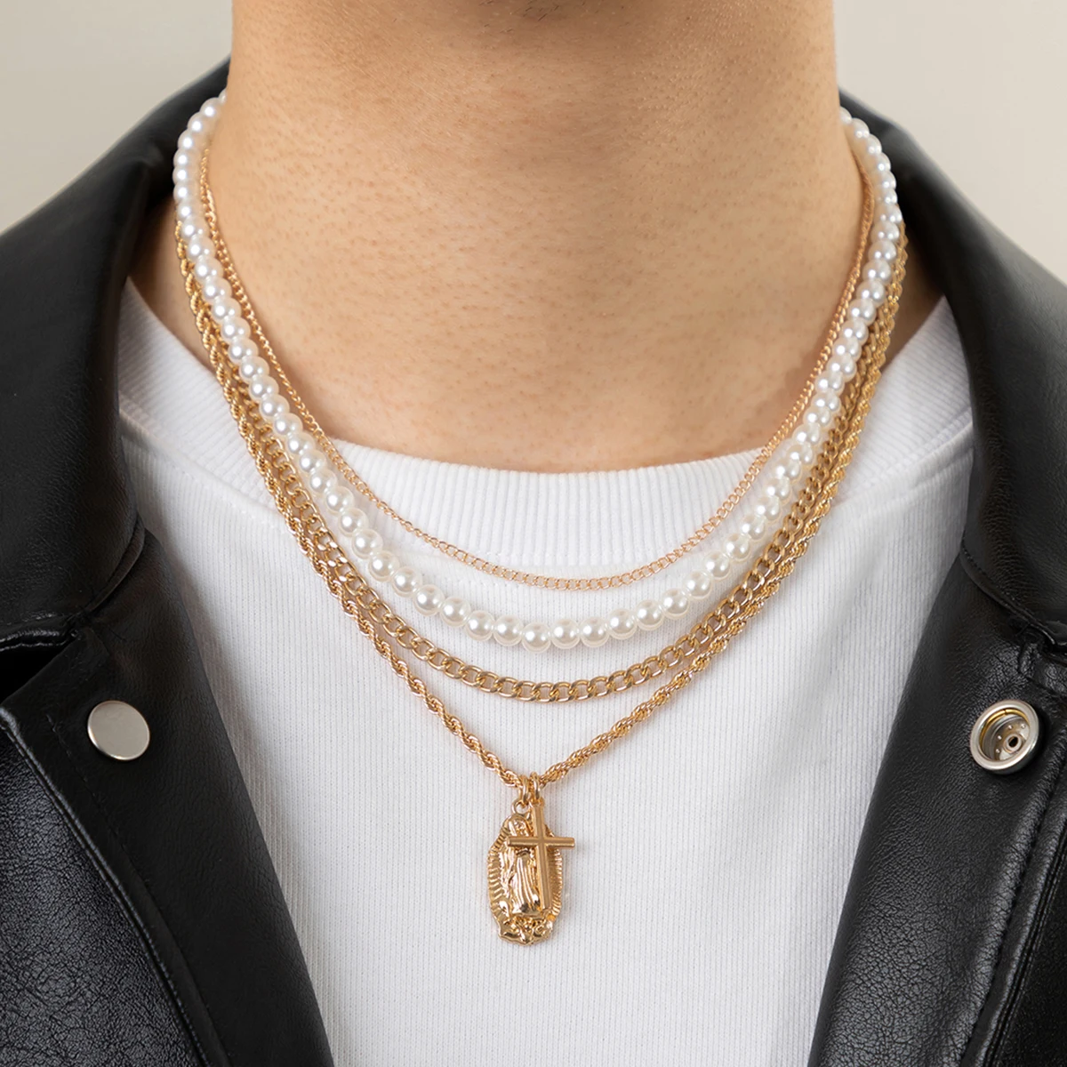 

Salircon Punk Multi layer Twisted Singapore Chain Necklace Fashion Cross Imitation Pearl Beads Necklace Trend Party Men Jewelry