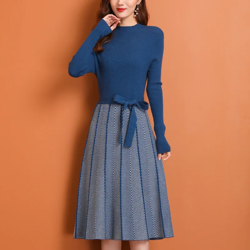 

Knitted Sweater Pleated Dress Autumn and Winter New Women's Korean Skirt Female Lining Temperament Long Paragraph Knitted Dress