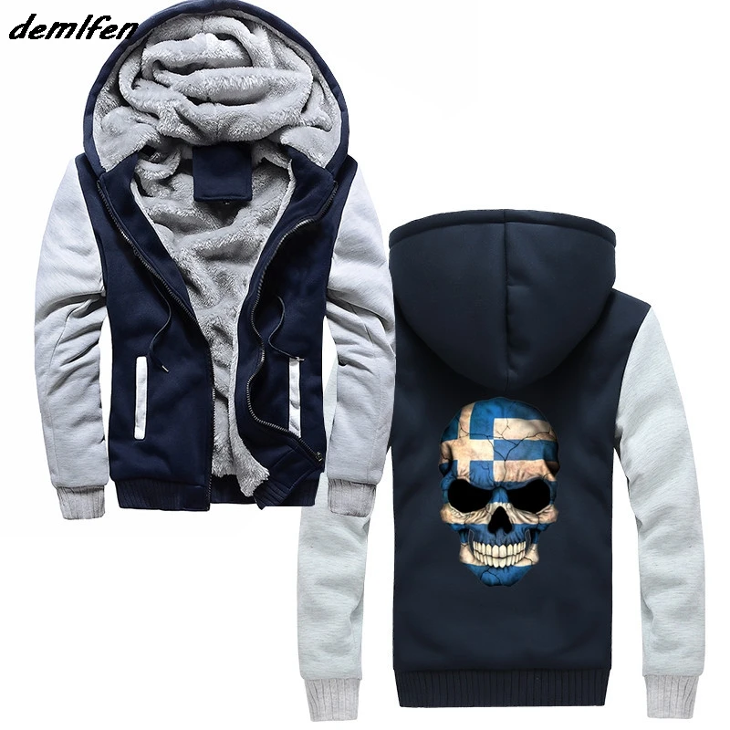 

Greek Flag Skull Printed Hoodie 3D Design Male Funky Thick Zipper Tops Jacket Winter Men Sweatshirt Harajuku Streetwear