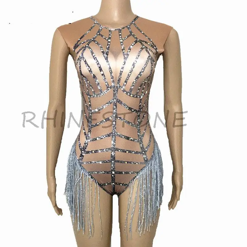 

Big Stretch Women's Party Prom Bar Outfit Stage Female Singer Show Glisten Rhinestones Silver Tassel Bodysuit Sleeveless