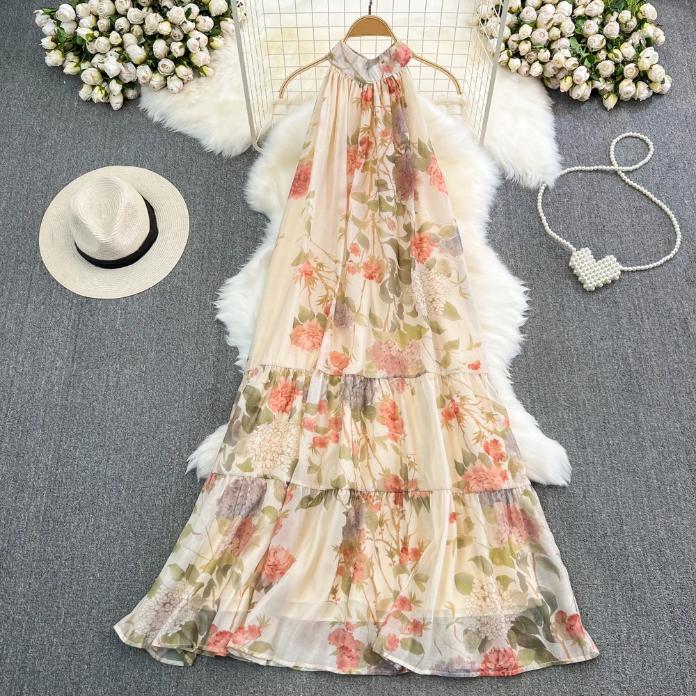 

Clothland Women Sweet Floral Chiffon Dress Sleeveless Loose Style A Line Beach Wear Oversized Midi Dresses Mujer QC451
